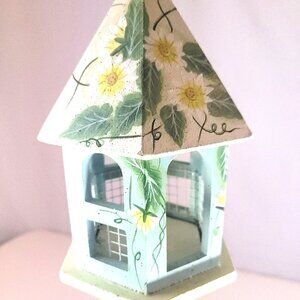 Vtg 90s Hand Painted Wooden Birdhouse - Hexagon Floral Gazebo Garden Decor 7.25"